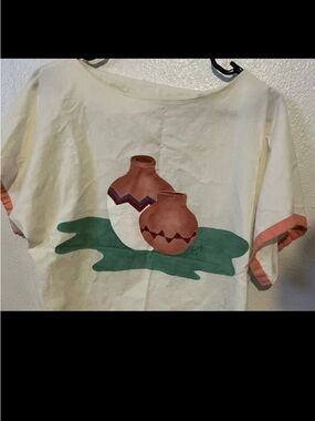 100% cotton screen print top blouse L Southwestern short sleeve, signed Mom & Me